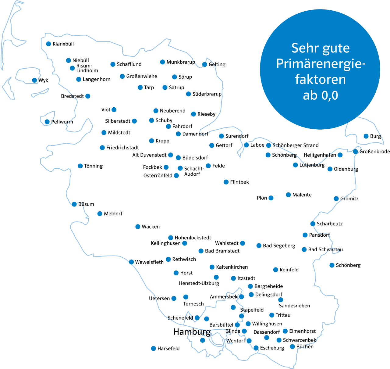 Die Karte zeigt die Orte in Schleswig-Holstein, wo HanseWerk Natur Wärmenetze betreibt. Man kann die Orte anklicken und wird dann auf eine Seite mit den Preisen weitergeleitet direkt zu dem Ort. Die Seite öffnet im gleichen Fenster.